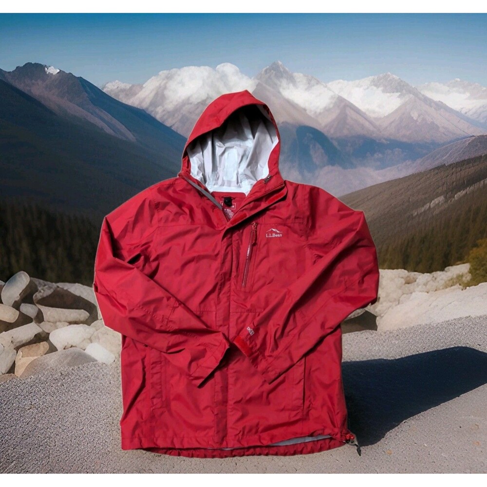 L.L. BEAN HOODED RAINCOAT MENS MEDIUM TEK JACKET 3 FRONT POCKETS RED EUC
